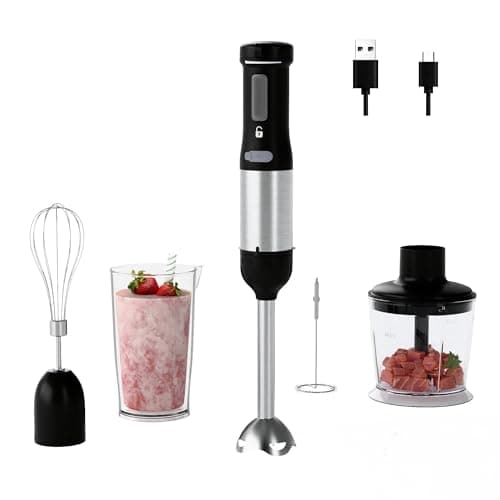 WHUTO Cordless Immersion Hand Blender, 5-in-1 Variable Speed blender handheld,Rechargeable with 2000mAh Battery, BPA-Free & Dishwasher-Safe Accessories:700ml Beaker,Chopper,Whisk & Milk Frother,Ink