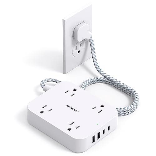 Flat Plug Extension Cord, HANYCONY 5ft Power Strip with 4 USB Ports(2 USB C), 4 Widely Outlets Extender, Wall Mount, Desk Charging Station for Office School Travel Dorm Room Essentials, ETL Listed