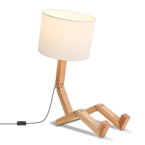 ELINKUME Robot Bedside Lamp, Fabric Lampshade Match Foldable Solid Wood Body, Creative E27 Screw Table Lamp for Bedroom Living Room