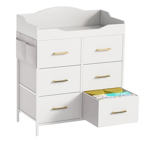White Changing Table Dresser with 6 Fabric Drawers and Side Pockets, Nursery Dresser with Changing Top, Baby Dresser with Drawers, Diaper Changing Station for Nursery and Bedroom
