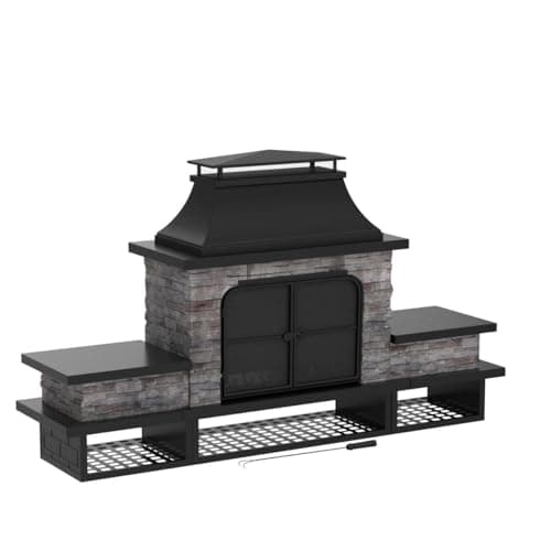 Sunjoy Outdoor Fireplace, Patio Wood Burning Fireplace with Steel Chimney, Mesh Spark Screen Doors, Fire Poker, and Removable Grate, Black 5