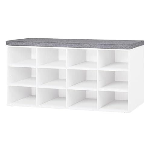 DINZI LVJ Shoe Storage Bench with Cushion, Cubby Shoe Rack with 12 Cubbies, Adjustable Shelves, Multifunctional Shoe Organizer Bench for Entryway, Mudroom, Hallway, Closet and Garage, White