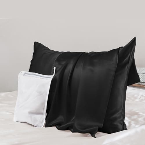 PROMEED Upgraded Grade 6A+ Black Silk Pillowcase with Zipper, 23 Momme Natural Mulberry Silk Pillow Cases for Hair and Skin - Easy Care with Free Laundry Bag (Standard 20"x26", Black)