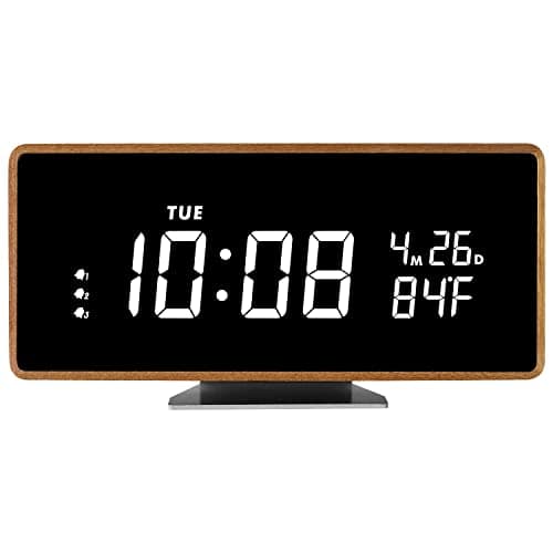 SCOAGE Wooden Digital Alarm Clock with Bluetooth Speaker Temperature Date Smart Electric Digital Bedside Clocks Night Light Table Snooze Large Display Alarm Clock Decor for Desk Bedroom Kid' s Room