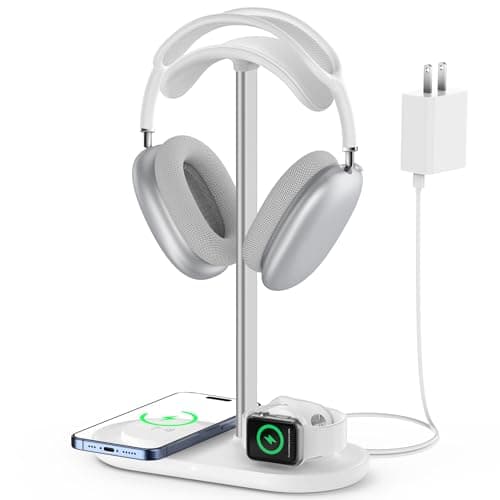 Universal Headphone Stand, Magnetic Wireless Charger for iPhones/AirPods/iWatch, Aluminum Alloy Rod, Leather Pad, ABS Solid Base, White