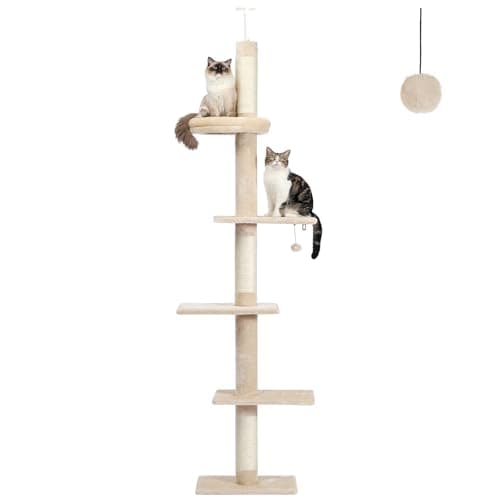 PETEPELA Floor to Ceiling Cat Tree, Cat Tower 5-Tier Height(95-107 Inches) Adjustable, Tall Cat Climbing Tree Featuring with Scratching Post, Cozy Bed,Interactive Ball Toy for Indoor Cats/Kitten Beige