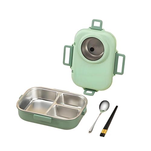 Ausenzup Bento Lunch Box, 304 Stainless Steel Portable Leakproof Lunch Food Containers Set with 3 Compartment for Adults - with Chopsticks Spoon Soup Bowl Gift for Friends, Family (Green)