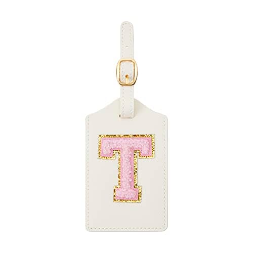 Initial Luggage Tag, PU Leather Luggage Tag, Embroidered Luggage Tag, Letter Luggage Tag, Monogrammed Luggage Tag, Luggage Tag for Baggage Bag Suitcase (T, White Leather+Pink Letter)