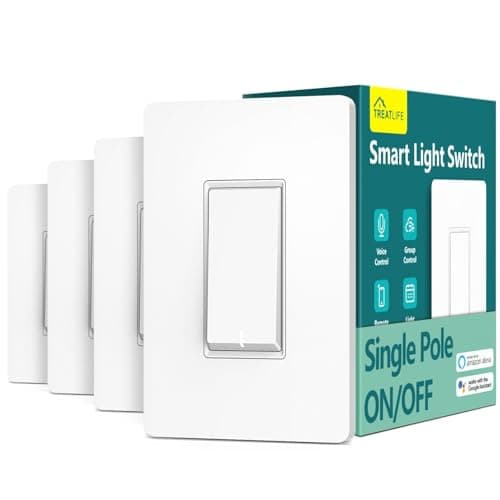 TREATLIFE Smart Light Switch Single Pole Works with Alexa, Google Home and SmartThings, 2.4GHz WiFi Timer Smart Switch, Neutral Wire Required, No Hub Required, FCC Listed, 4 Pack