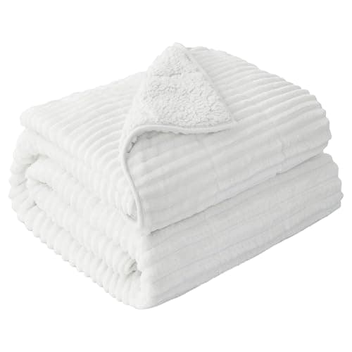 Sherpa Fleece Adult Weighted Blanket with Ribbed Stripes, 15 Pounds Dual Sided Soft Plush Blanket for Couch Bed Sofa, Heavy Thick Blankets with Ceramic Beads Great for Sleep, White, 48" x 72"