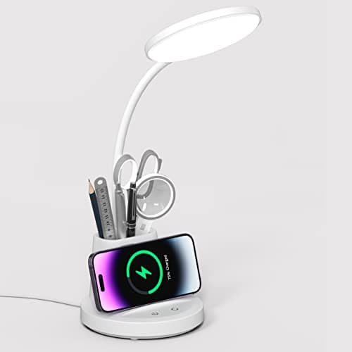 Vicsoon Desk Lamp for Home Office, LED Desk Lamp with Wireless Charger Pen Phone Holder, Dimmable Desk Light 3 Color Modes, College Dorm Study Lamp for College Dorm, CRI 90 800 Lumen