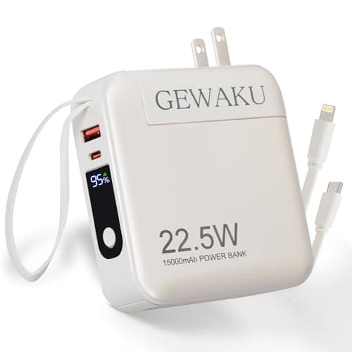 GEWAKU Portable Charger 15000mAh Power Bank 22.5W Fast Charging Built-in Cables and AC Wall Plug, 3-in-1 Compact USB-C Battery Pack Travel Essentials for iPhone 17,iPad, Android, Samsung (White)