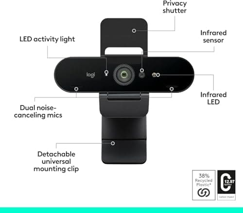Logitech Brio 4K Webcam, Video Calling, Noise-Cancelling mic, HD Auto Light Correction, Wide Field of View, Windows Hello Works with Microsoft Teams, Zoom, Google Meet, PC/Mac/Laptop/MacBook/Tablet 8
