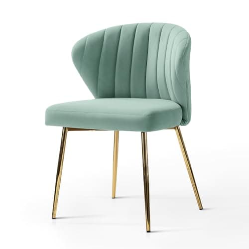 HULALA HOME Velvet Dining Chairs, Modern Small Armless Accent Chair with Gold Metal Legs, Living Room Upholstered Cute Side Chair, Elegant Tufted Back Vanity Chair for Bedroom/Beauty Room-SAGE 9