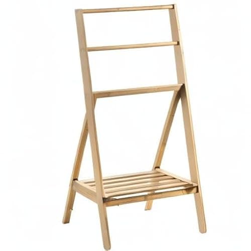 MyGift 3 Tier Free Standing Towel Rack for Bathroom, Pool Outdoor, Foldable Blanket Ladder with Storage Shelf, 43" H Bath Towel Holder Organizer Drying Rack, Light Brown Solid Bamboo Quilt Rack 9