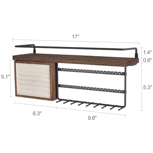 Mkono Hanging Jewelry Organizer Wall Mounted Jewelry Organizer Necklace Holder with Rustic Wood Shelf, Ring Display Box, Ear Studs Earring Holder Bracelet Organizer 6