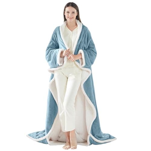 Sealy Electric Blanket Wearable with Foot Pocket, Electric Snuggle Blanket with Sleeves, Flannel & Sherpa Heating Throw with 6 Heat Settings & 2-10 Hours Auto Shut Off, 50 * 70"+18", Light Blue
