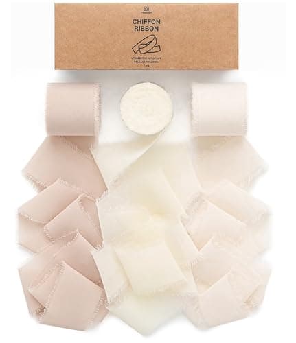 Vitalizart White Handmade Chiffon Silk Ribbon Fringe 1.5" x 21 Yd Nude & Ivory Frayed Edges Ribbons for Wedding Invitations Bridal Bouquets Gifts Wrapping Crafts Holiday Party Decorations