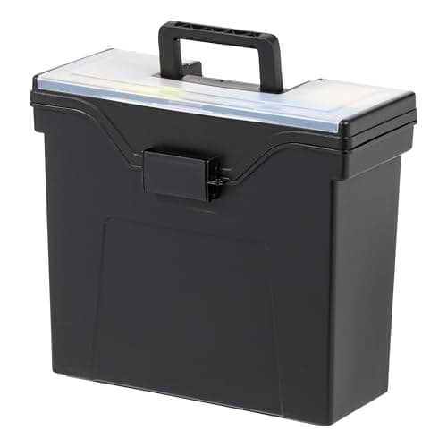 IRIS USA Portable File Box With Handle, Slim w/Organizer Lid, Plastic File Organizer Box for Letter Files, Hanging Filing Folder Organizer, Lockable, Secure Buckle, Black