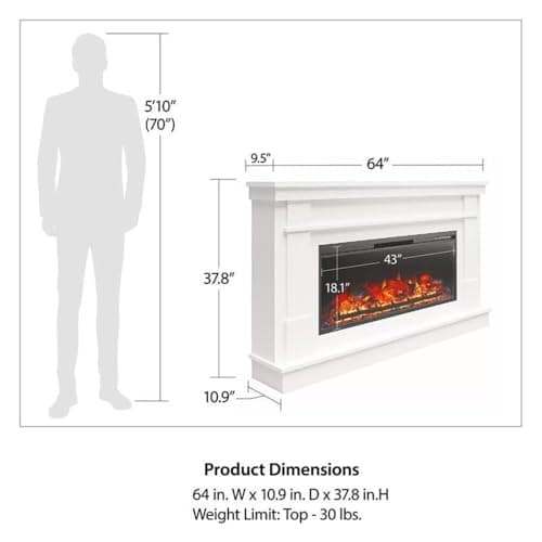 Pemberly Row Wide Mantel with Linear Electric Fireplace, 64 in Wide, Laminated MDF, White Finish, Realistic Flame Effect, Remote Control, Modern Design for Living or Family Room 8