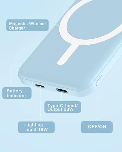 podoru for Magsafe Battery Pack, 5000mAh Magnetic Power Bank with Type-C Cable 20W PD Fast Charging Lighting Input Wireless Portable Charger for iPhone 17/16/15/14/13/12/ All Series-Sierra Blue 6