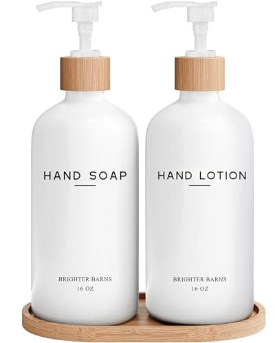 White Glass Soap and Lotion Dispenser Set with Tray by Brighter Barns - Hand Soap Dispenser Bathroom Set - Bamboo Bathroom Soap Dispenser Set - Minimalist Bathroom Accessories, Modern Home Decor