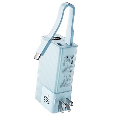 Miady Portable Charger Built-in Foldable Wall Plug, PD 30W 10000mAh Compact Power Bank has USB-C Cable&LED Display, Travel Essential Battery Pack Compatible with iPhone Galaxy SmartPhones (Cream Blue)