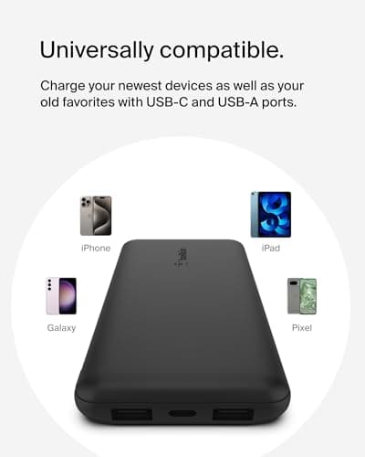 Belkin Portable Charger - 15W 3 Port Power Bank Battery Pack with 10000mAh Battery - Fast Charging for iPhone, Samsung Phone, More - USB C to A Cable Included 8
