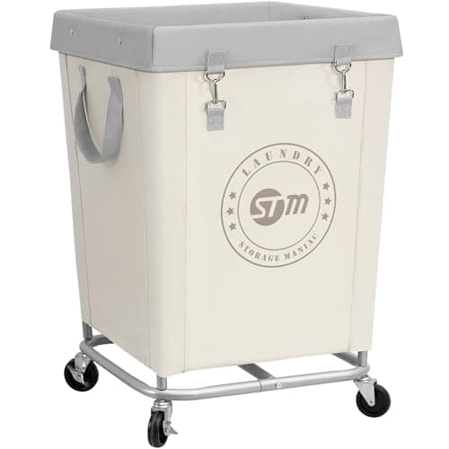 STORAGE MANIAC Commercial Laundry Hamper with Heavy Duty Steel Frame, 160 L Industrial Laundry Basket Cart with Wheels for Hotel, Home, Laundry Room, 18''L x 18''W x 31''H, Medium Beige