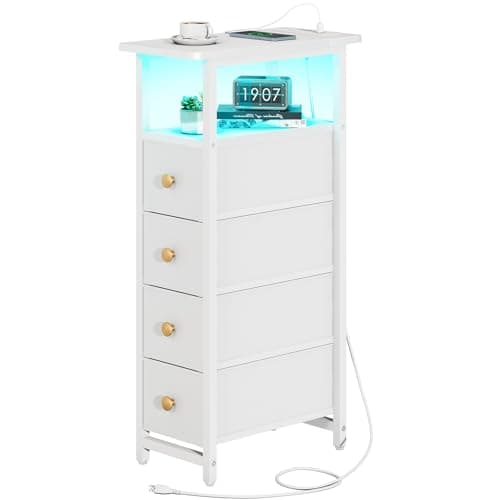 Yoobure LED Narrow Nightstand with Charging Station - Slim Dresser for Bedroom Narrow Side Table Storage Cabinet, Small Dressers Chest of Drawers, Tall Night Stand End Table for Small Spaces, White