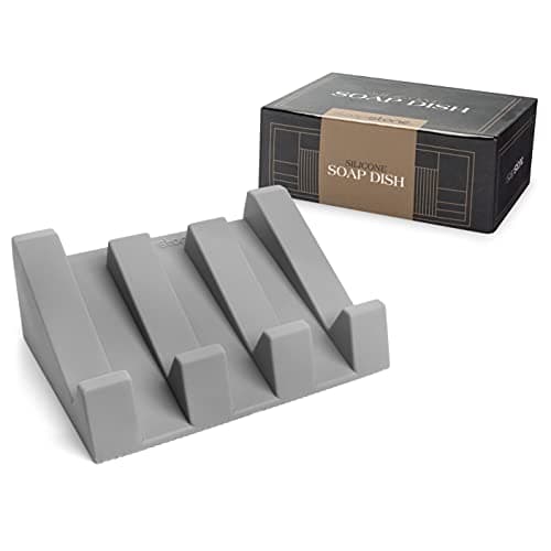 iSoapStone Silicone Soap Dish (USA Patented) Self Draining Bar Soap Holder for Shower Bathroom Sink, Drying Soap Dish Tray Kitchen Sponge Holder Easy Cleaning Soap Saver Mat (Light Grey, 1)