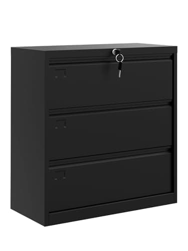 GarveeHome 3-Drawer Lateral File Cabinet with Lock, Heavy Duty Steel Office Storage for Letter/Legal/A4 Documents, Easy Assembly Space-Saving Design - Black