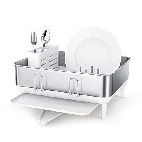 simplehuman Compact Kitchen Dish Drying Rack with Swivel Spout, Fingerprint-Proof Stainless Steel Frame, White Plastic
