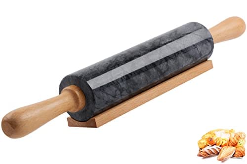 SIPARUI Marble Rolling Pin with Wooden Cradle Thick Handle Set for Baking,18.5 inch Premium Quality Polished Roller for Pizza Dough,Fondant,Pie Crust,Non-Stick Surface Easy to Clean(Black)