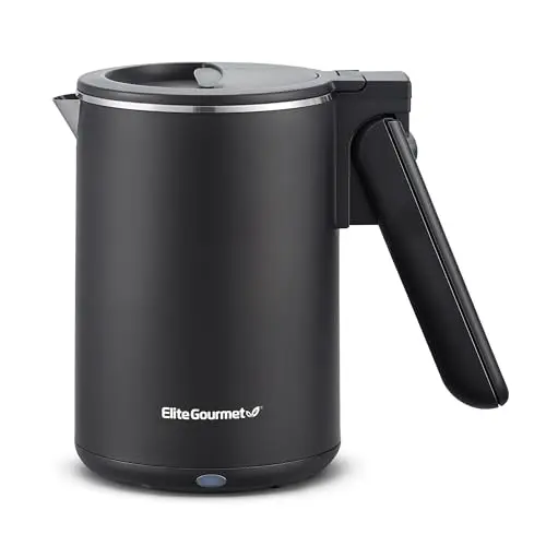 Elite Gourmet Dual Voltage 120-230V, Travel Double Wall Insulated Cool-Touch, 0.6L Electric Kettle Stainless Steel Interior, Hinged-Locking Lid, Auto Shut-Off, Boil Dry Protection, Black