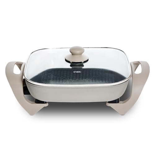 COOK WITH COLOR Electric Skillet - 12" x 12" Ceramic Nonstick Pan, PFAS-Free, 1400W, Tempered Glass Lid, Variable Temperature, Removable Heating Probe, Cool-Touch Handles, Sand