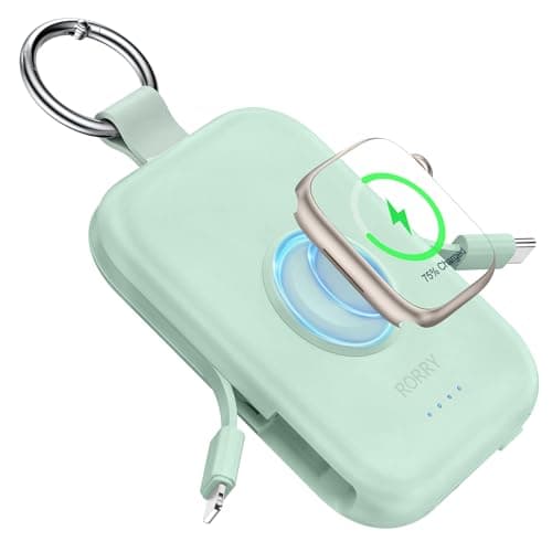 RORRY Portable Charger, 5000mAh Portable Charger Power Bank with Built-in Cables, Travel Keychain Battery Pack for Apple Watch Ultra/11/10/9/8/7/6/SE, iPhone Air/17/16/15/14/13/12, Green