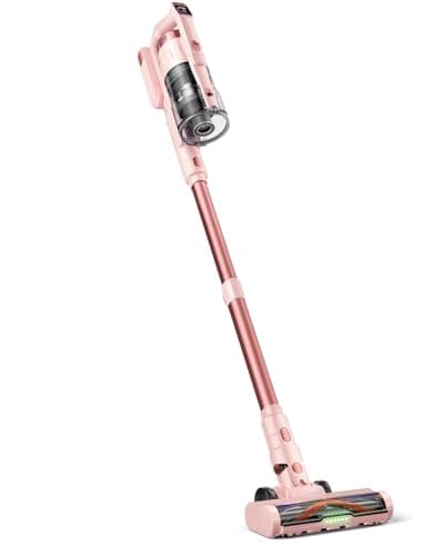 Cordless Vacuum Cleaner for Home, Upgraded 60Kpa Powerful Suction Pet Hair Vacuum with 70min Runtime, Green LED Light for Hardwood Floors & Carpet, Self-Standing Rechargeable Stick Vacuum, Grey Pink