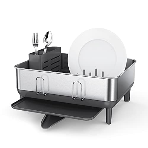 simplehuman Compact Dish Drying Rack with Stainless Steel Frame, 360º Easy Drain Swivel Spout, Utensil Holder, Anti-Residue Coating, Moisture Control Surface, Grey