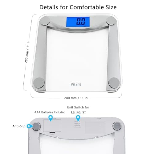 Vitafit Digital Bathroom Weight Scale for Body Weight, High Accuracy Assured by Weighing Professional Since 2001,Extra Large Blue Backlit LCD and Step-On, 400lb/182kg, Clear Glass 6
