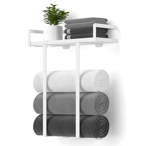 Towel Racks for Bathroom Wall Mounted, Xstydes Metal Towel Holder with Wooden Shelf for Folding Large Towels, Towel Storage for Small Bathroom Organizer Decor or RV Camping,White