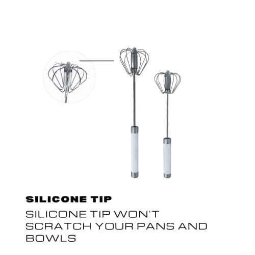 Balevi Stainless Steel Push Whisk - Easy to Use Manual Hand Mixer & Plunger Whisk - Make Froth, Foam & Whipped Cream - Semi Auto Egg Beater Plastic Tip Won’t Scratch Pans (2 Pack 10in & 12in) WHITE 6