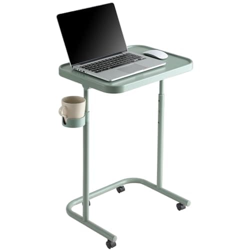 Keepo Metal TV Tray with Wheels/Casters, Side End Table, Adjustable Meal Tray, Folding Laptop Table with 3 Heights, 0 to 90 Degrees Tilt Angles, Portable Over Bed & Sofa Stand Desk (Gray Green)