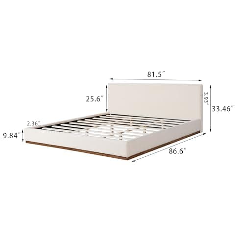 Merax King Size Bed Frame, Elegant Fabric Upholstered Platform Bed with Tall Padded Headboard for Bedroom, Solid Wood Slats Support, No Box Spring Needed, Easy Assembly, White 2