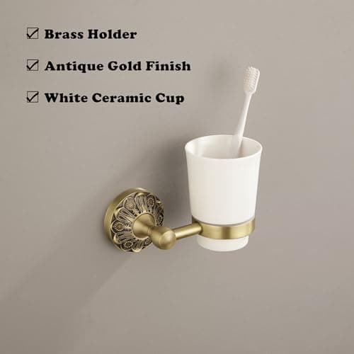 Lucyound Antique Brass Toothbrush Holder, Wall Mounted Bathroom Tumbler Cup Set, Vintage Gold Decorative Bathroom Accessories, Ceramic and Brass, Petal-Relief Series 2