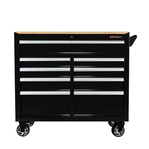 Heavy Duty Rolling Tool Chest with 9-Drawer Wood Top Tool Cart Mechanic Tool Box with Wheels Tool Storage Cabinet Mobile Workbench Tool Bench for Garage, Warehouse, Workshop, Repair Shop (Black) 7