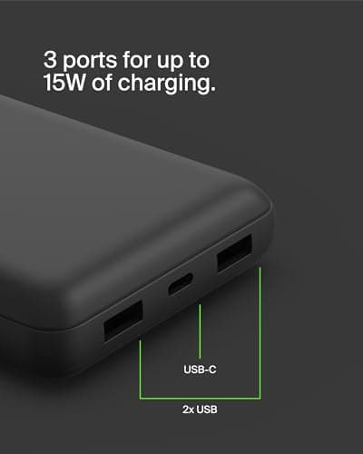 Belkin Portable Charger, USB-C Power Bank 20000 mAh w/ 2 USB-A Ports, 15W w/ Type-A to Type-C Cable - iPhone 17, Air, Pro, Pro Max, AirPods, Apple Watch, Samsung Galaxy S25, Google Pixel 10 - Black 9