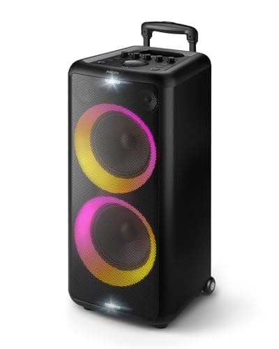 Philips X5206 bluetooth party speaker, portable with wheels, exciting light show, karaoke machine with microphone and Guitar Input, powerful bass & subwoofer, long playtime, perfect for outdoor events