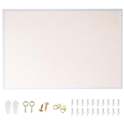 AMKIOKIO 24'' x 36'' Large Linen Bulletin Board, Cork Board for Walls, White European Frame Style, Vision Board, Pin Wood, Ideal for Shool, Home and Office