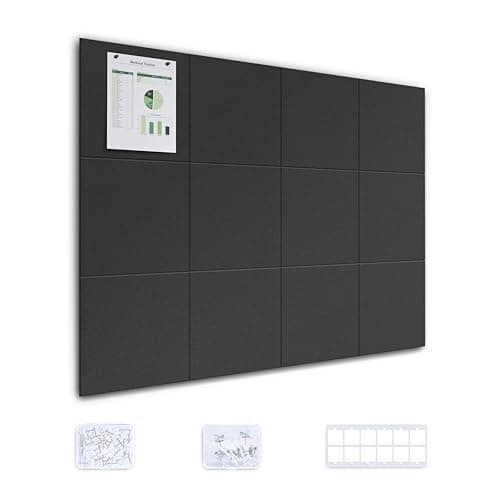 Large Felt Board Wall Tile, 48" x 36" Cork Board Alternative, 12 Pack Felt pin Bulletin Panel with Removable Adhesive Tabs and PushPins, Black Panel tack Wall Organizer for Office